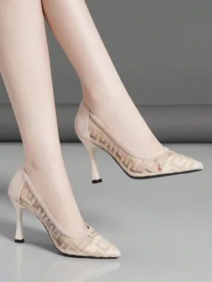 Spring/autumn Ladies Apricot Thin Heel Pointed Toe Stiletto Breathable Mesh Shallow Mouth High Heel Shoes