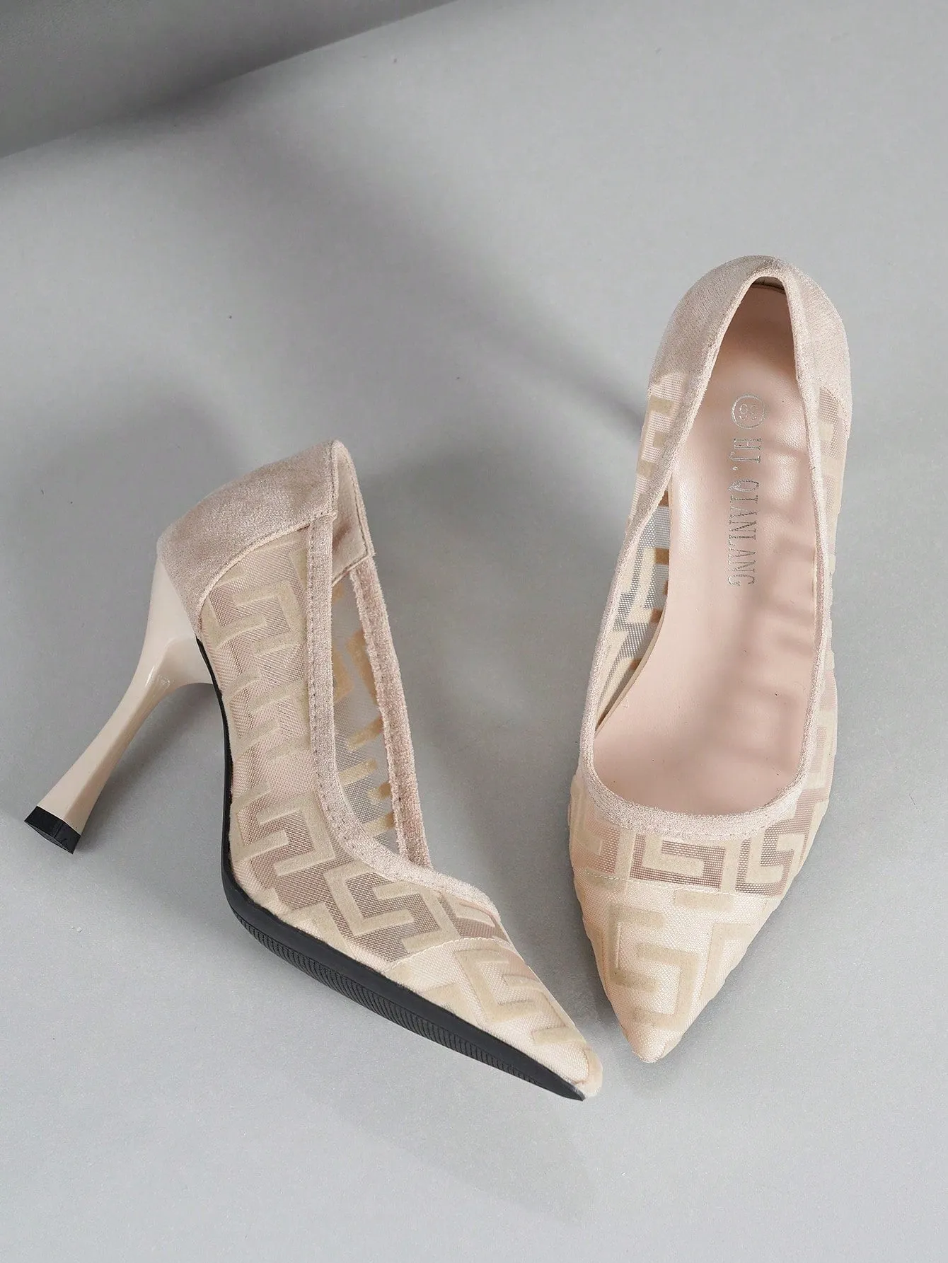 Spring/autumn Ladies Apricot Thin Heel Pointed Toe Stiletto Breathable Mesh Shallow Mouth High Heel Shoes