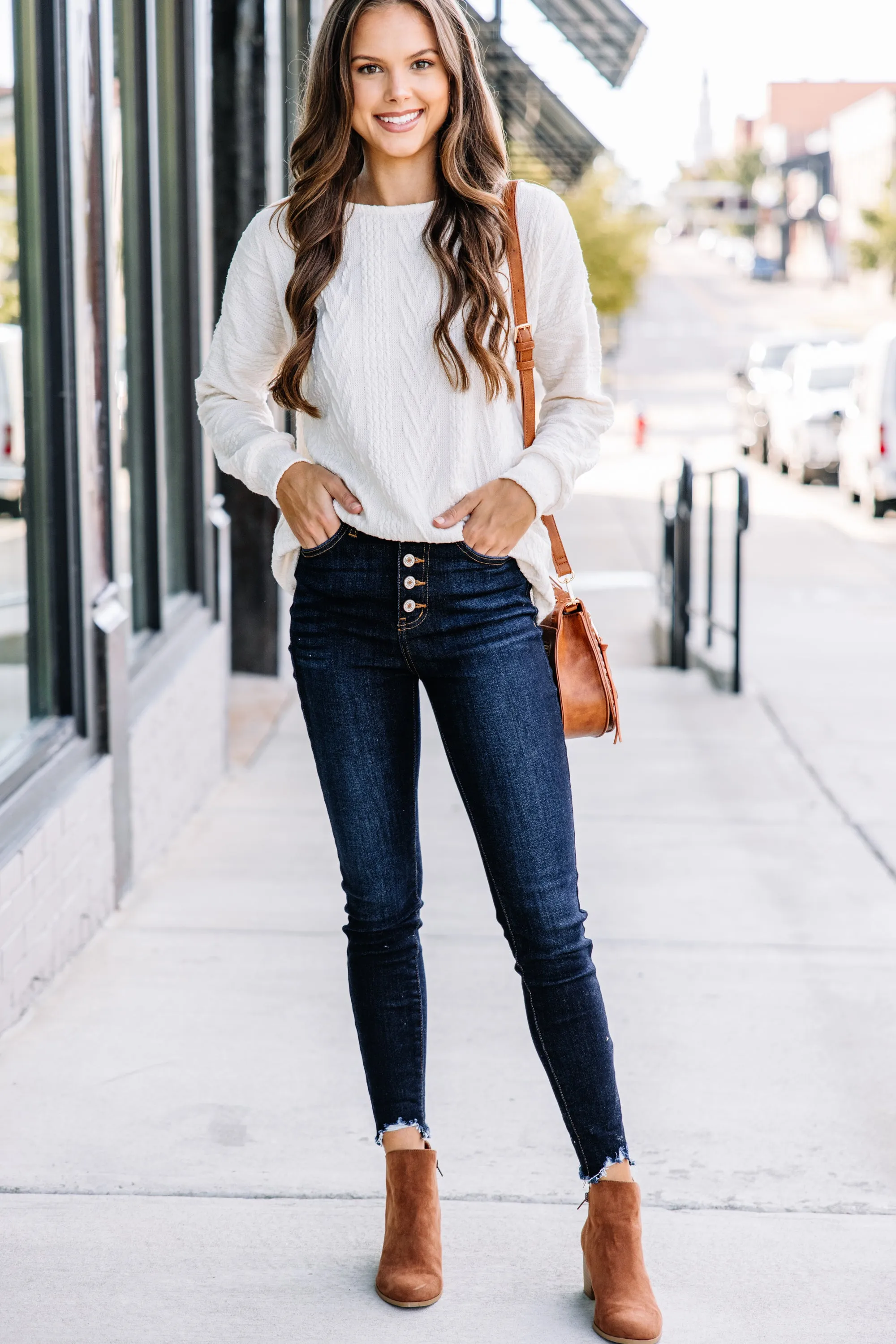 The Slouchy Ivory White Cable Knit Top