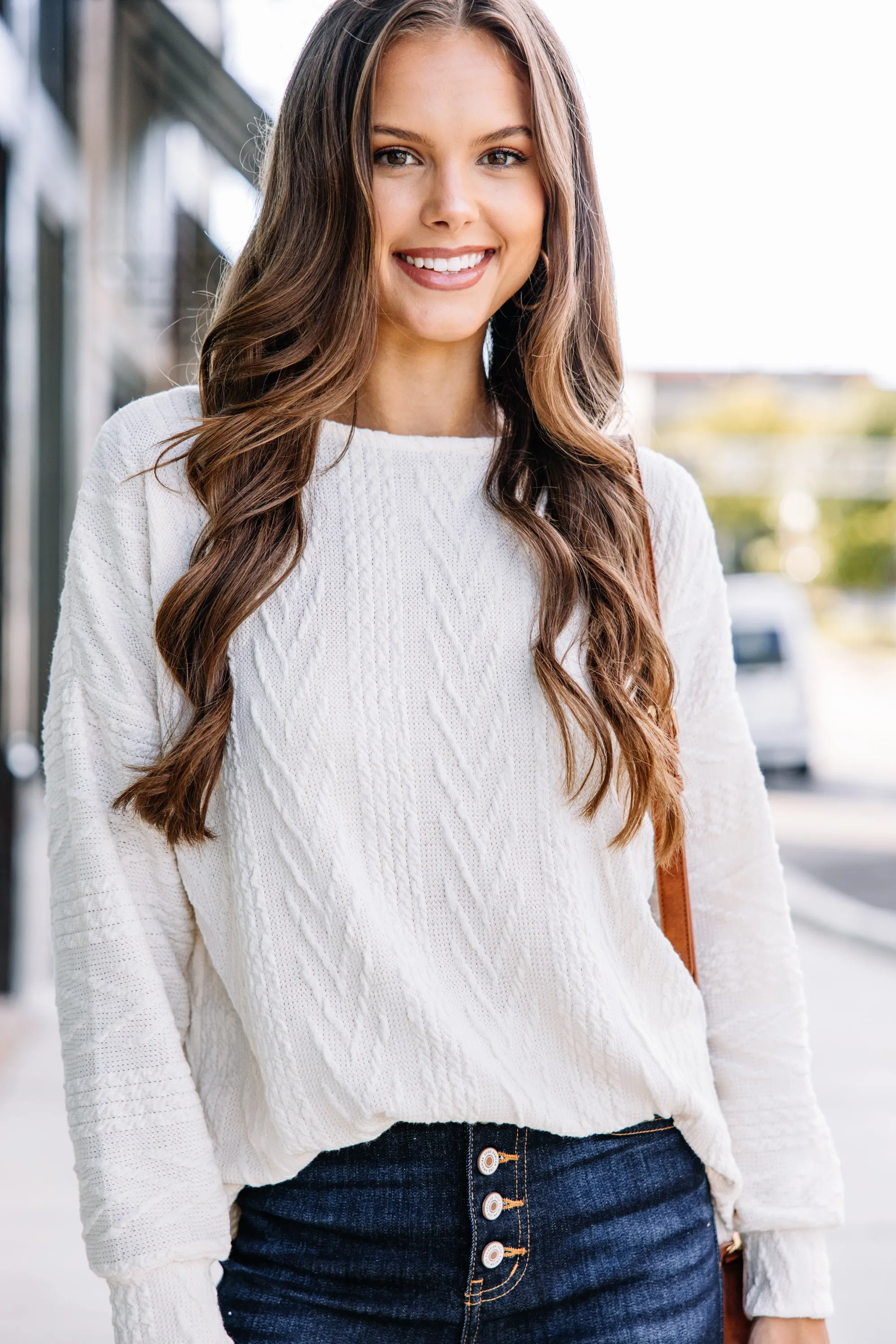 The Slouchy Ivory White Cable Knit Top