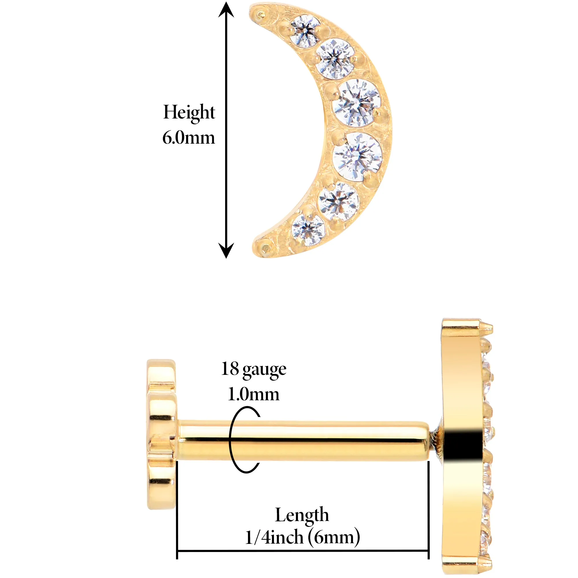 Titanium Flat Back Earring Gem Crescent Moon - 18 Gauge Threadless Reversible