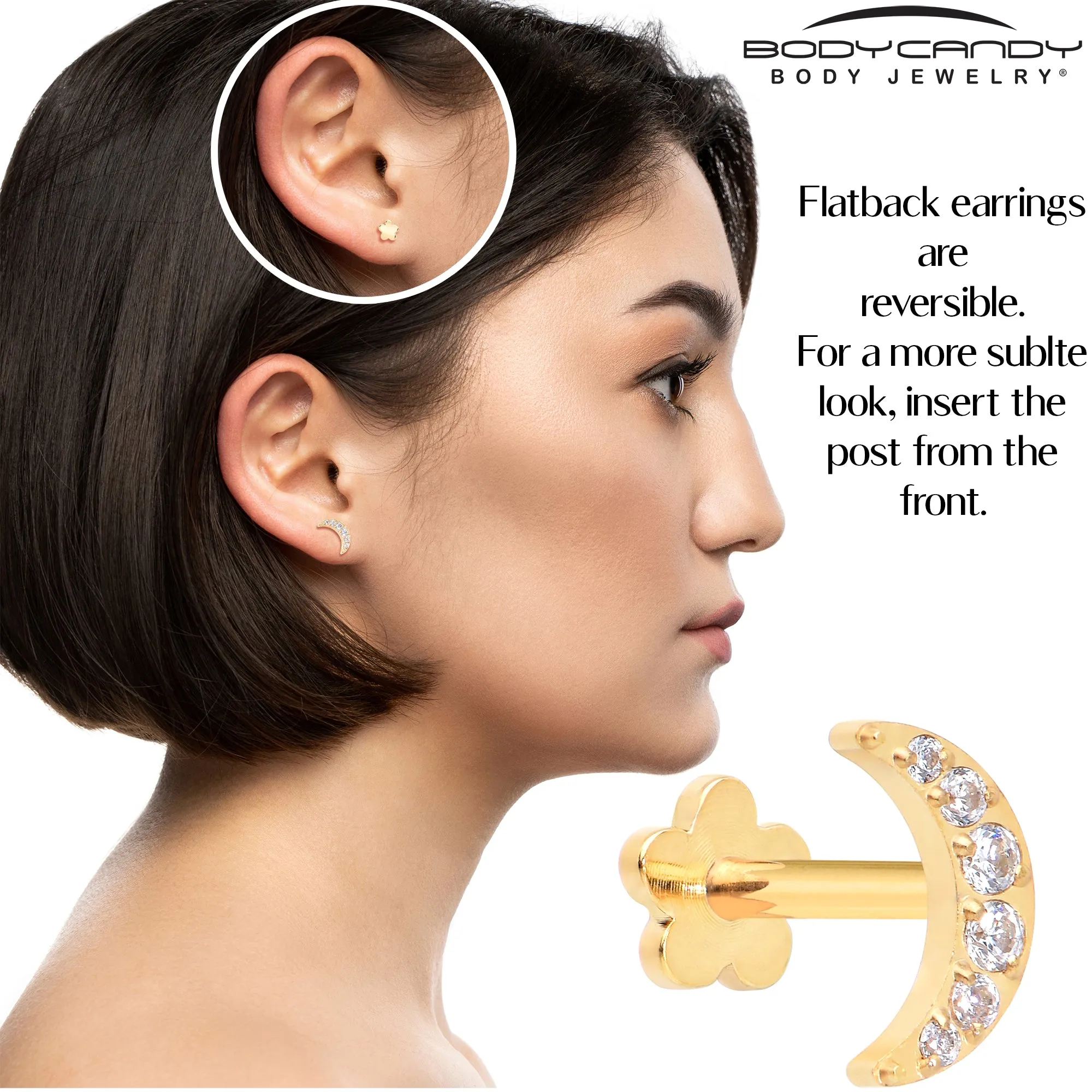 Titanium Flat Back Earring Gem Crescent Moon - 18 Gauge Threadless Reversible