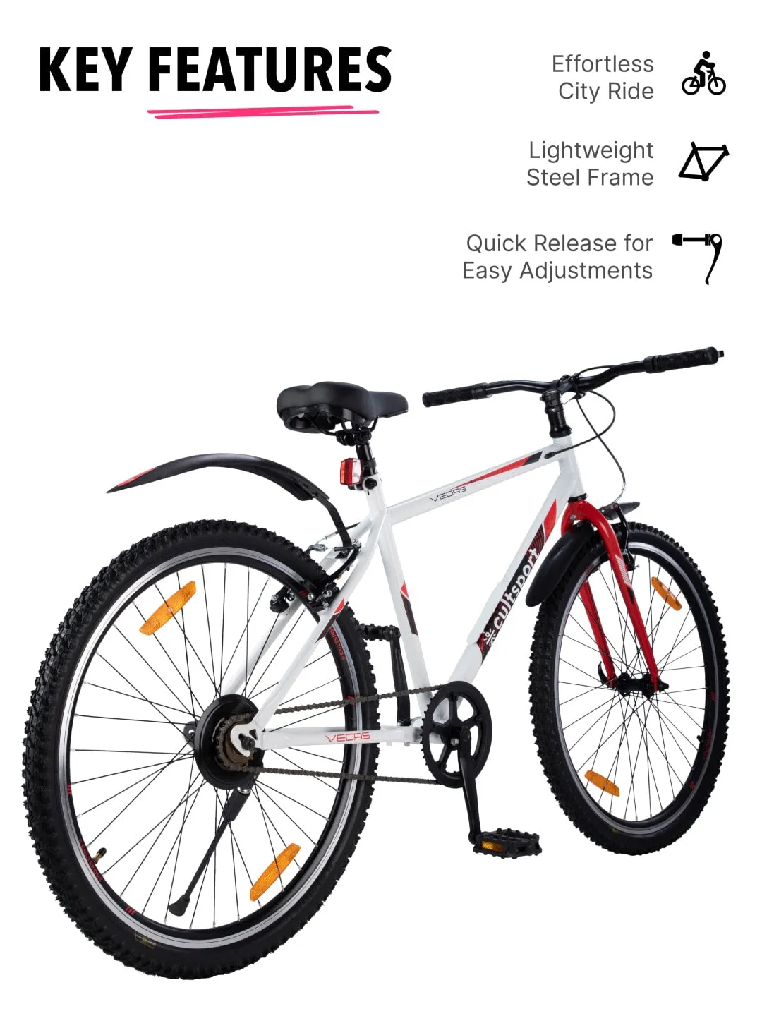 Vegas White Steel Single Speed Cycle 26 inch City Bike Double Wall Rim, Free Trainer Sessions, Cycling Event