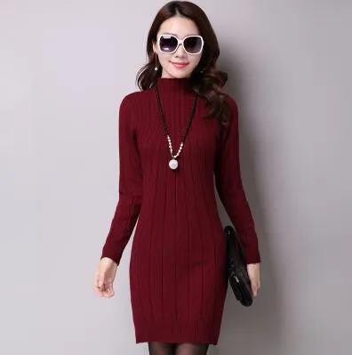 Winter Autumn Women Sweater Dresses Long Sleeve Knitted Wool Sweater Dress Female Turtleneck Mini Slim Dress Woman Clothing