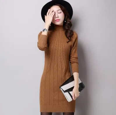 Winter Autumn Women Sweater Dresses Long Sleeve Knitted Wool Sweater Dress Female Turtleneck Mini Slim Dress Woman Clothing