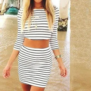 Women Celeb Bodycon Striped 2pcs Bandage Crop Top Skirt High