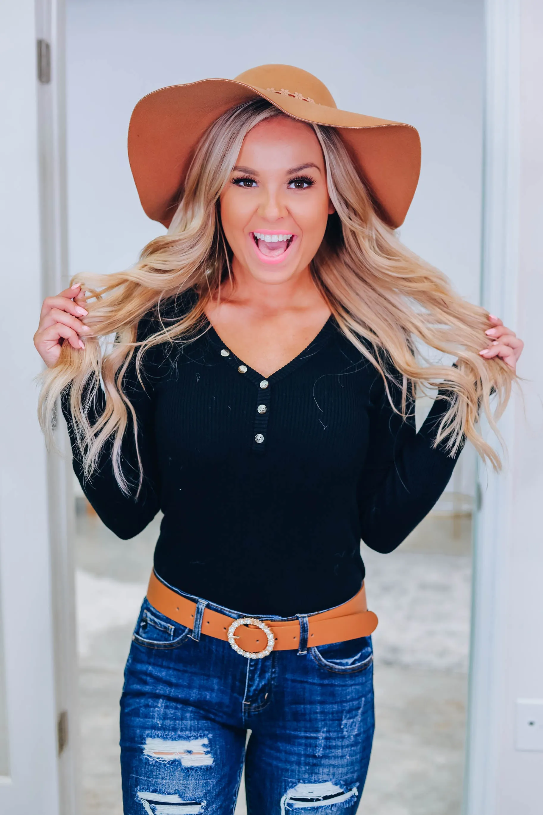 You're So Basic Henley Top - BLACK